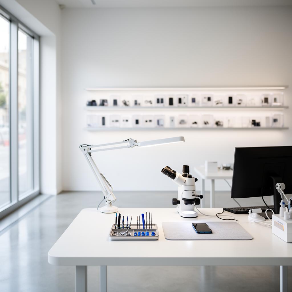 Präzisions-Reparatur eines Smartphones auf der Werkbank der Handyklinik Lebach